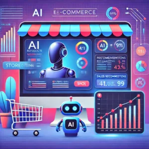 Online storefront with AI-powered features like automated product recommendations, chatbot assistance, and sales growth metrics.