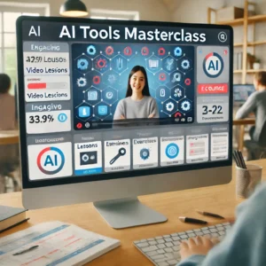 Modern online classroom interface showing an AI Tools Masterclass with video lessons, interactive exercises, and a teacher conducting a live webinar