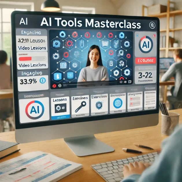 Modern online classroom interface showing an AI Tools Masterclass with video lessons, interactive exercises, and a teacher conducting a live webinar