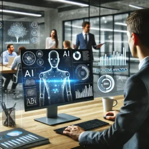 Modern office setting with a professional analyzing an AI-generated data dashboard displaying charts, predictive analytics, and business insights, symbolizing teamwork and technology