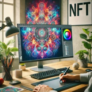 A creative studio scene with an artist using AI software to design digital art on a computer. The screen showcases vibrant and intricate digital artwork, with a table displaying tools like drawing tablets and monitors. A framed NFT-style artwork hangs in the background, emphasizing the modern application of AI in art creation.