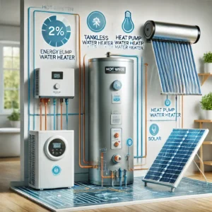 How to Improve Hot Water System Efficiency | Save Energy & Reduce Costs energy efficiency, An image of a hot water system with various energy-efficient models, including a traditional tank, a tankless water heater, a heat pump water heater,