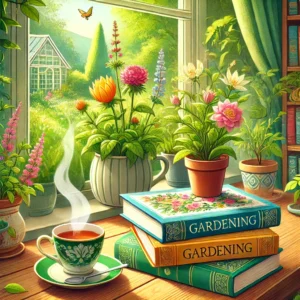 A cozy indoor scene featuring a coffee table with gardening books, a cup of tea, and a small potted plant near a window overlooking a green garden.