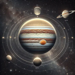 Jupiter opposition on December 7, 2024, with its four Galilean moons visible against a starry background.