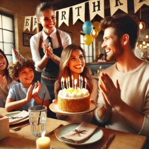 A family celebrating a birthday at a restaurant with a free birthday meal Family enjoying a free birthday meal at a restaurant with cake and decorations. Birthday Freebies