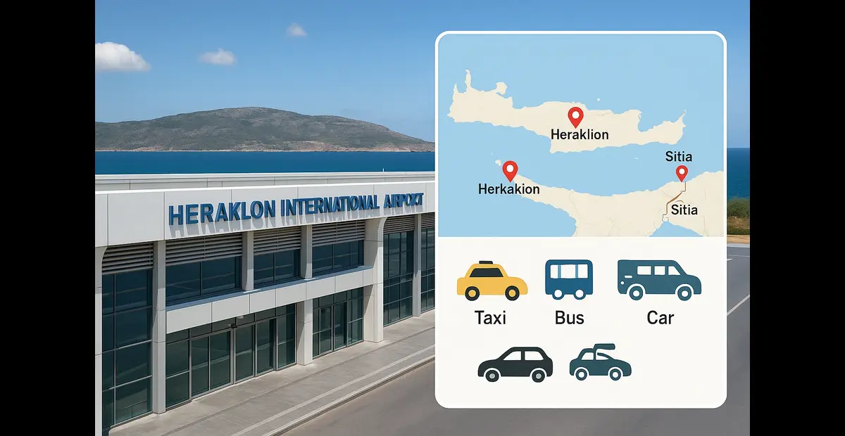 Map of Crete showing Heraklion, Chania, and Sitia airports with airport terminals and transportation icons, Crete airport